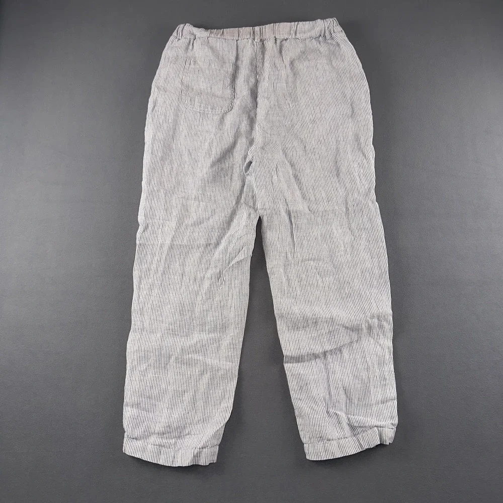 Quince Womens 100% Linen Striped Elastic Waist Pants Blue White Small JDA01